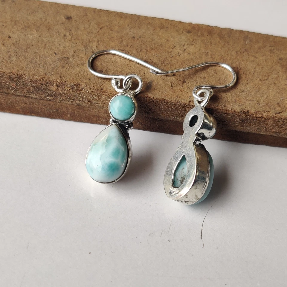 Increíble pendiente de piedras preciosas Larimar de plata de ley 925 hecho a mano PG8360 Foto 3 de 3