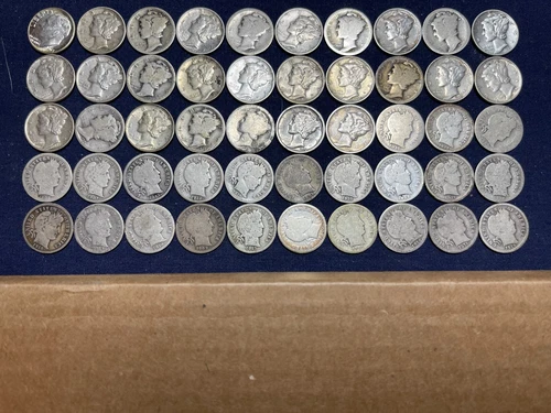 One Mixed Roll of 50 Silver Roosevelt, Mercury, & Barber Dimes. $5 Face Value