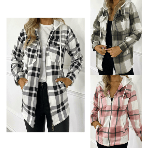 Ladies Womens Hooded Check Baggy Long Sleeve Shacket Top Shirt Blouse Jacket  - Picture 1 of 17