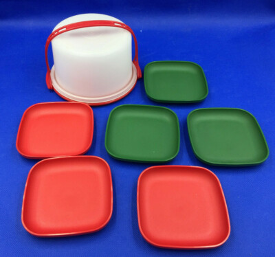 Vintage Tupperware Kids Mini Tupper Toys Cake Taker #1498 Red & 6 #1502 Plates 