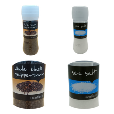 Lichfields Meersalz Mahlwerk 1 x 385g und ganze schwarze Pfefferkörner 1 x 200g