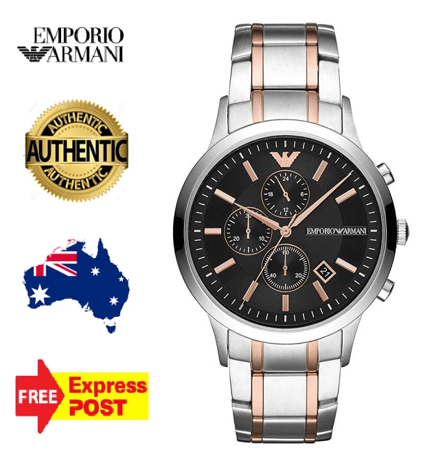 EMPORIO ARMANI AR11165 SILVER ROSE GOLD BLACK CHRONO MENS WATCH NEW WITH TAGS