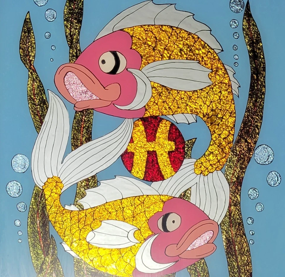 Pintura en papel aluminio Piscis 1975 vintage enmarcada astrología zodiaco firmada Ática 17 X 21 Foto 2 de 4