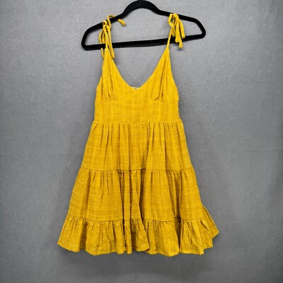 Lulus Dress Size Small Mustard Tie-Strap Shore Yourself Tiered Babydoll Coastal