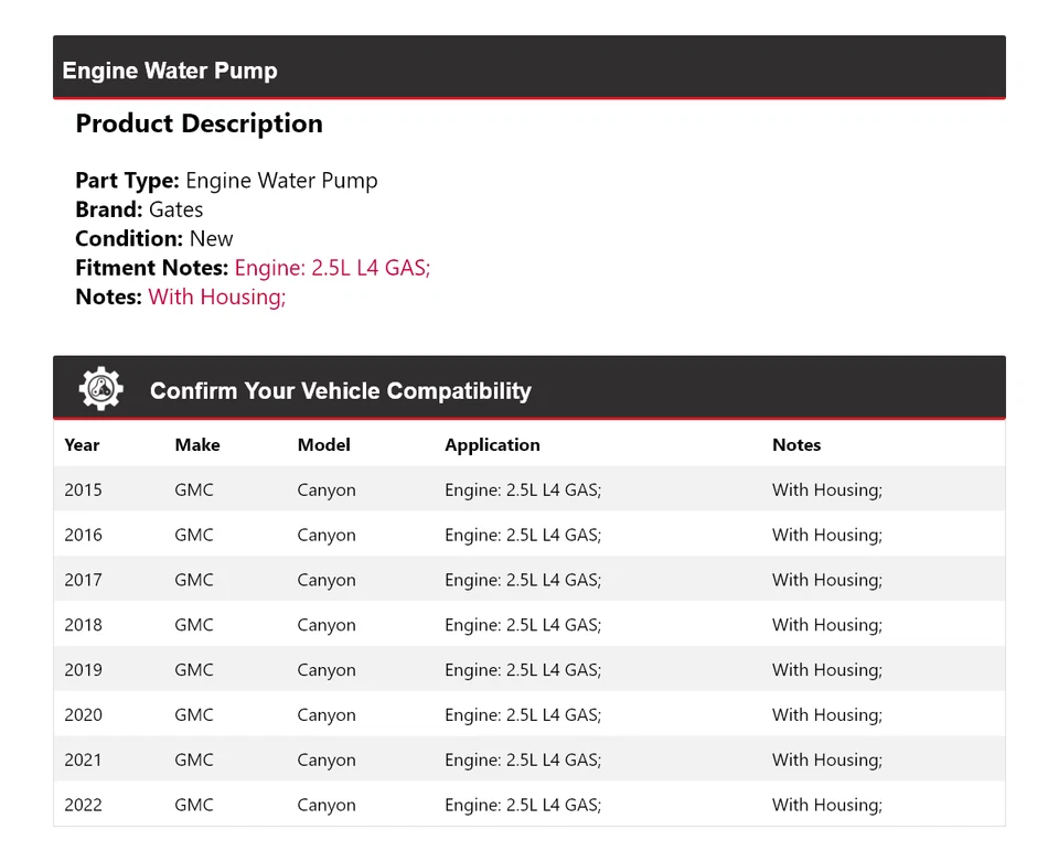 Ворота водяного насоса для газового двигателя GMC Canyon 2,5 л L4 2015-2022 годов выпуска 2016 2017 2018 2019 годов выпуска - Изображение 2 из 4