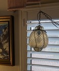 Vintage Murano Rare Opaline Opalescent Quilted Caged Glass Pendant Hanging Lamp  — photo 4
