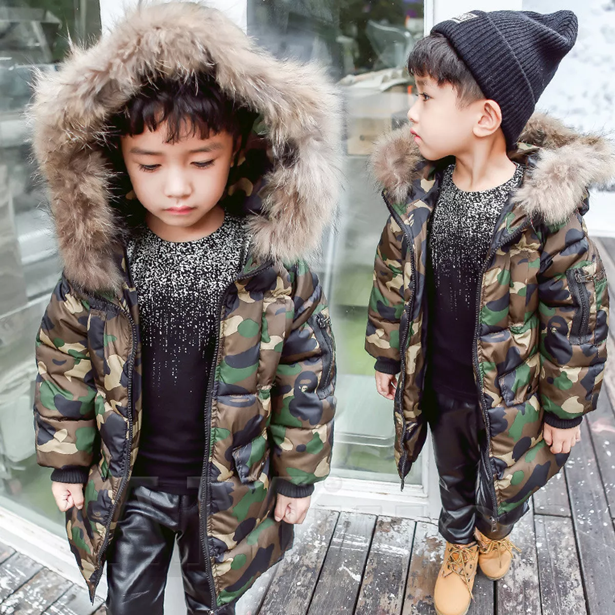 Kids Boys Fur Hooded Coat Camouflage Cotton Down Jackets Baby Winter Parka  Coats