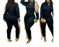Women Long Sleeve Top +Pants Suits Tassel Two Piece Set Casual Night Club Outfit