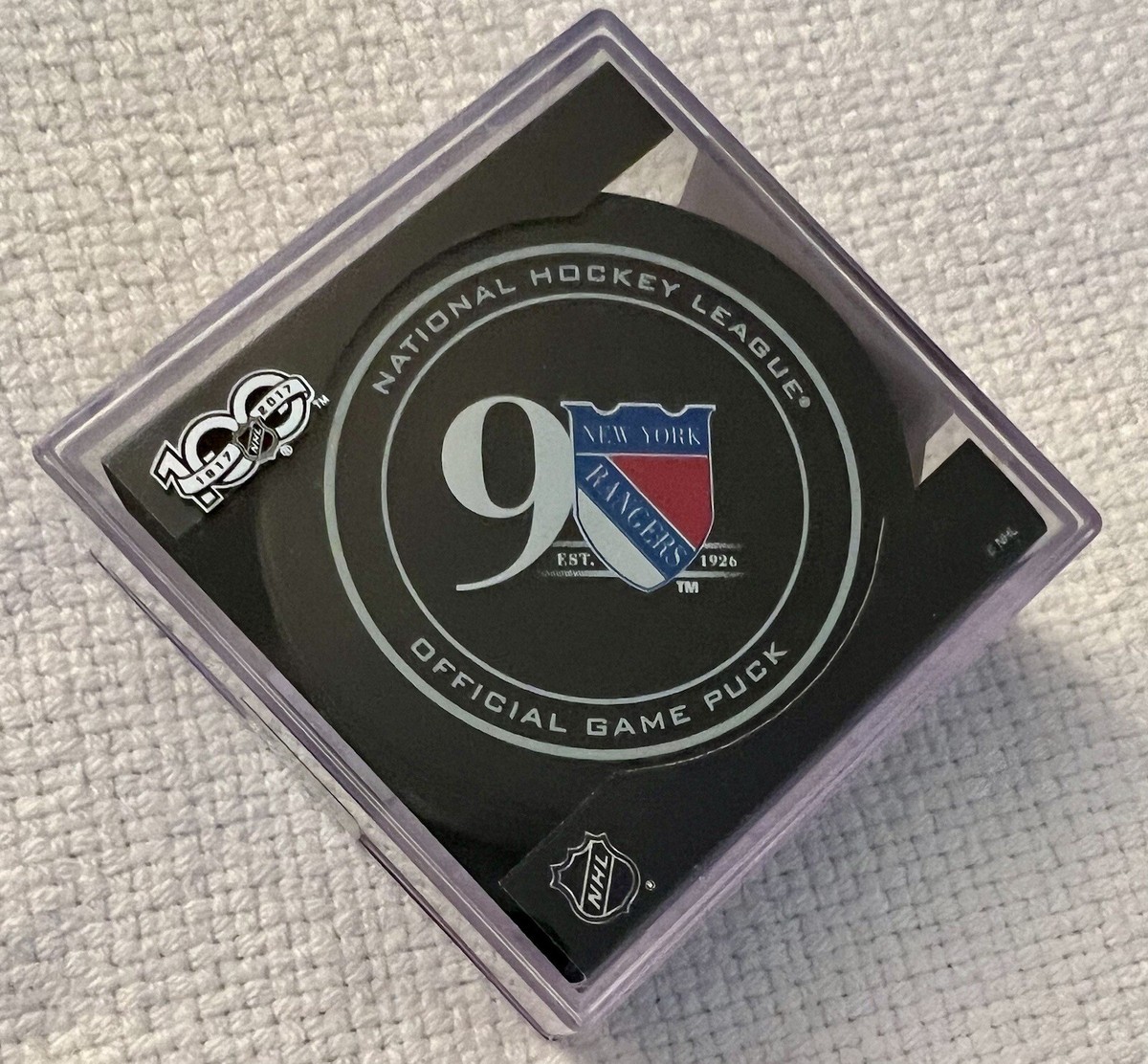 NY RANGERS HOCKEY PUCK 90th ANNIVERSARY LOGO OFFICIAL GAME PUCK