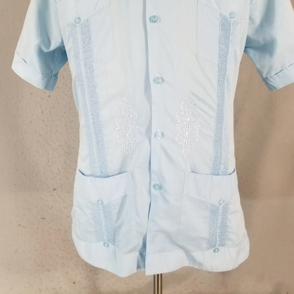 Guayabera Yucatecas Princeton Shirt men's small embroidered blue short sleeve - Image 3 of 4