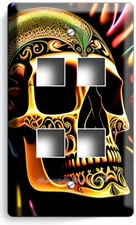 GOLDEN SKULL COLORFUL SILK LIGHT SWITCH OUTLET WALL PLATE ROOM MAN CAVE HD DECOR