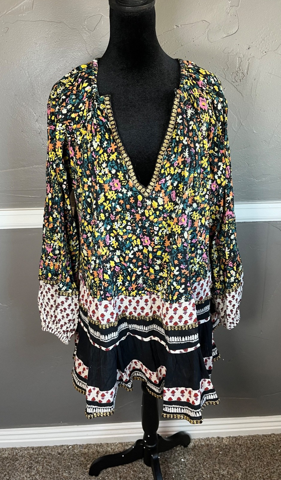 Free People Top Women's Size S Multi-Color Oversized Sheer Boho Hippie