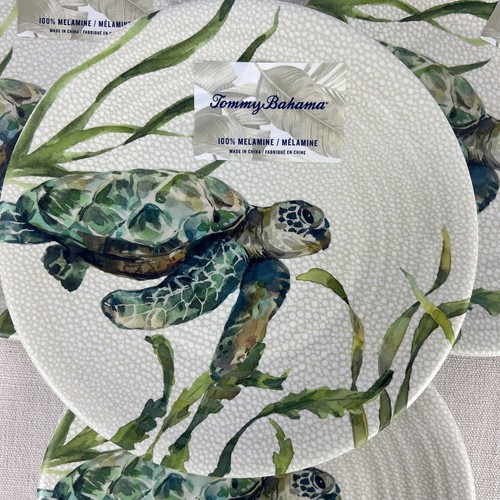 Tommy Bahama Sea Turtle & Grasses Melamine Salad Plates Green Tan Set of 4 NEW
