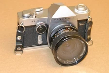Ricoh TLS Singlex 35mm camera with Hanimex 28mm f/2.8 lens (decent)