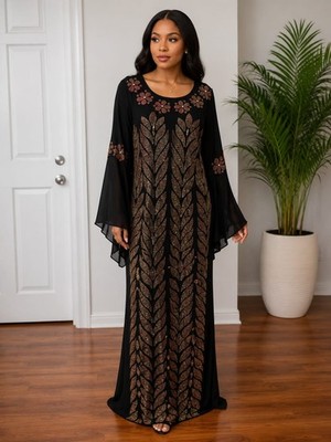 Women's Turkish Rhinestone Maxi Dress Chiffon Bell Sleeve Modest Formal Gown