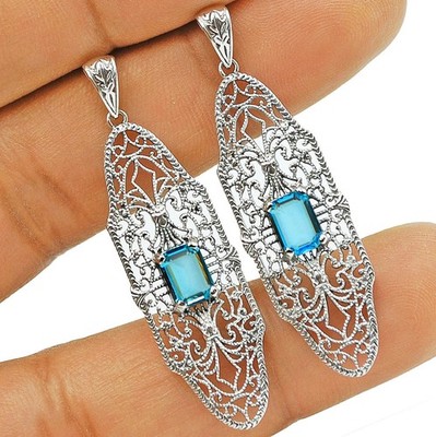 Ohrringe 2 kt wärmebehandelter Blautopas 925 Sterling Silber Jugendstil Schmuck 