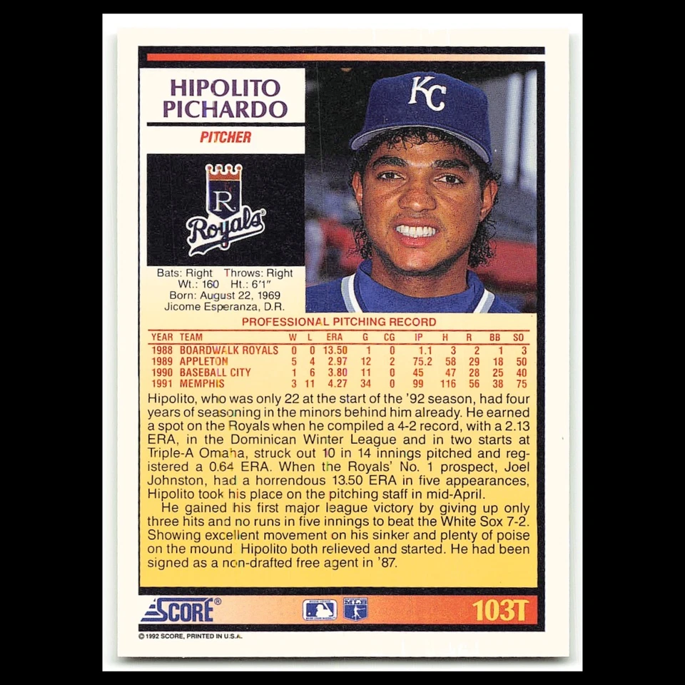 Hipolito Pichardo Rookie #103T 1992 Score Rookie - Traded Kansas City Royals MLB - Image 2 of 3