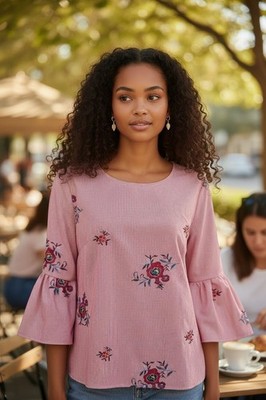 Pink Striped Med. Embroidered Floral Bell Sleeve Blouse Tie Back Boho Whimsy