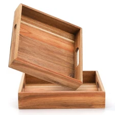 Set of 2 Acacia Wood Serving Tray with Handles, 10x10x2 Inch Decorative Servi...