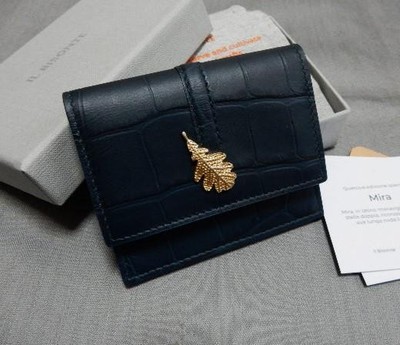 Il Bisonte Mira Leaf Croco Embossed Card Case Navy Leather with Box