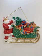 Vintage Molded Plastic Christmas Santa Glitter Sleigh Wall Hanging