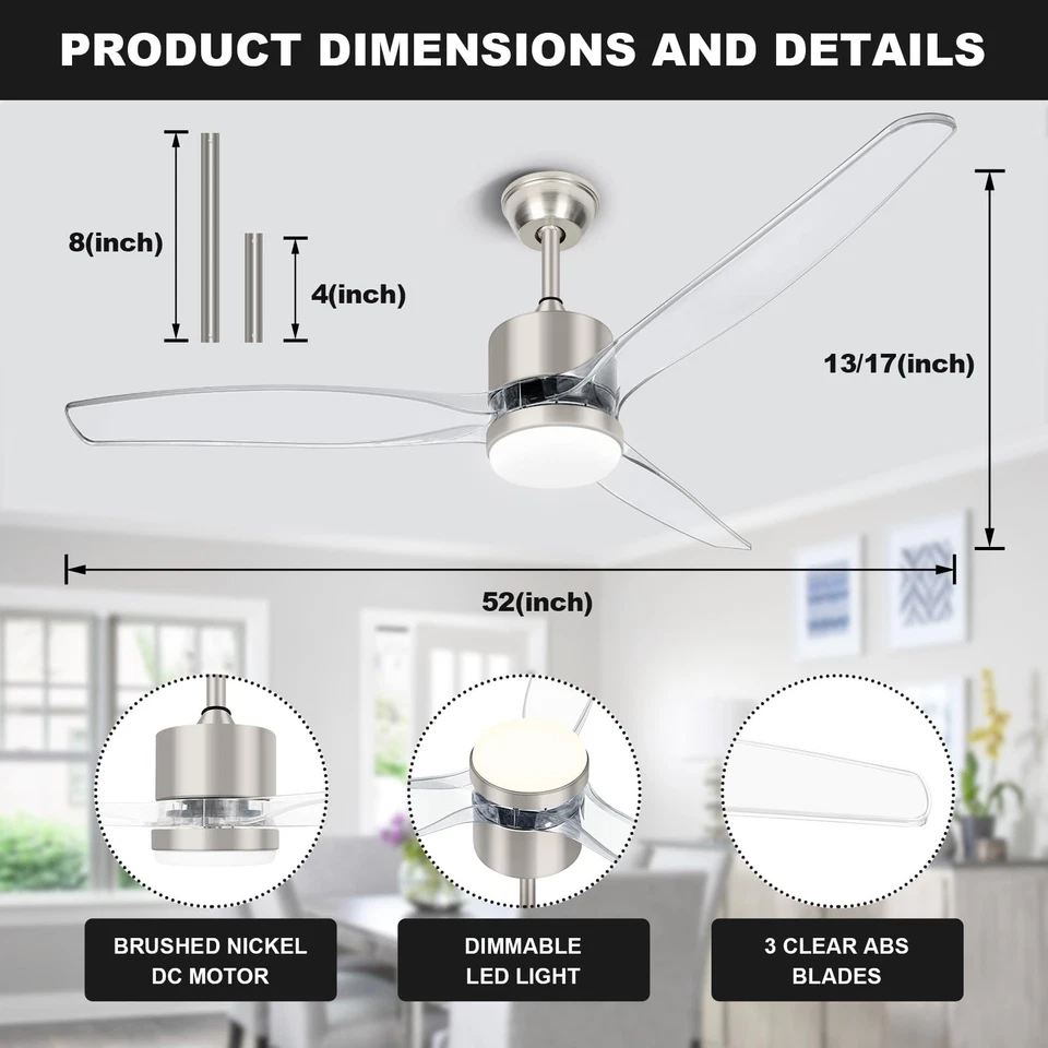 OKELI Clear Ceiling Fan with Light, 52 Inch Brushed Nickel Transparent Ceilin... - Image 2 of 4