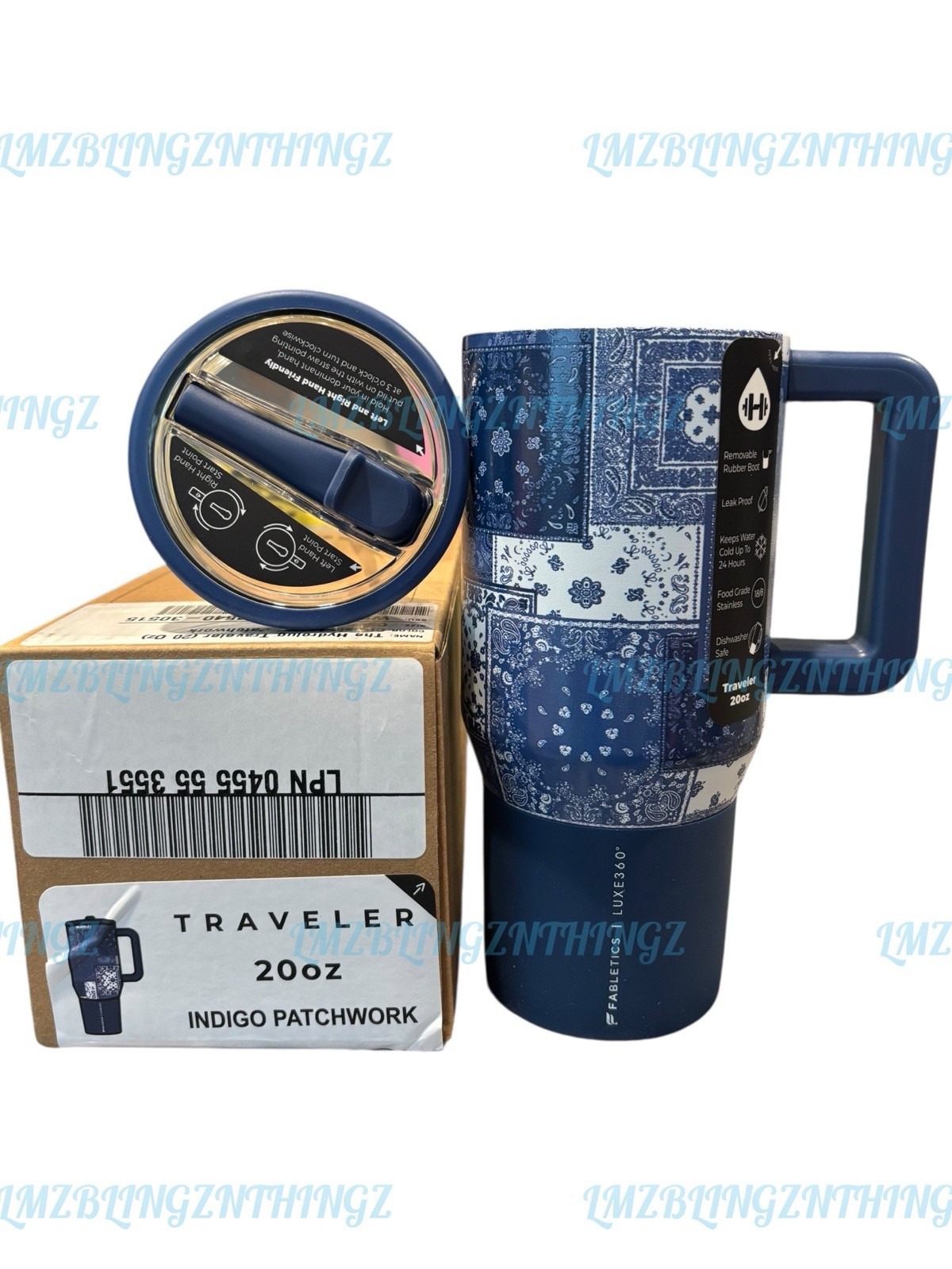 HydroJug x Fabletics LUXE360 Indigo Patchwork 20oz Traveler~BNWT&Box