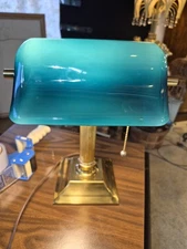 Alsy Vintage Blue Glass Shade Brass Bankers Desk Lamp Heavy Base 14" Rare Color