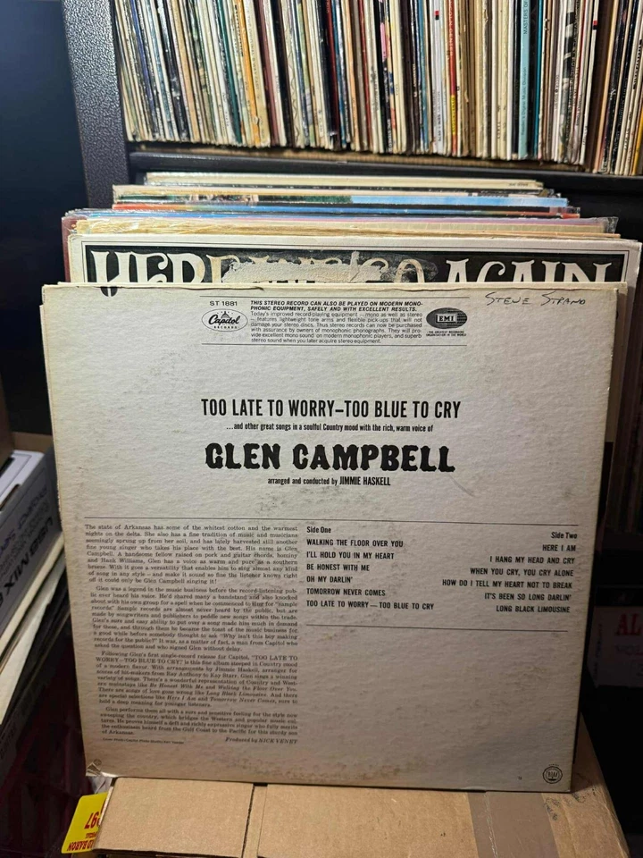 Glen Campbell – Too Late To Worry-Too Blue To Cry Vinyl 33RPM VG+ AB118 Foto 2 de 2