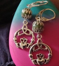 925 Sterling Silver Filled Connemara Marble Floral Caps Claddagh Lever Earrings