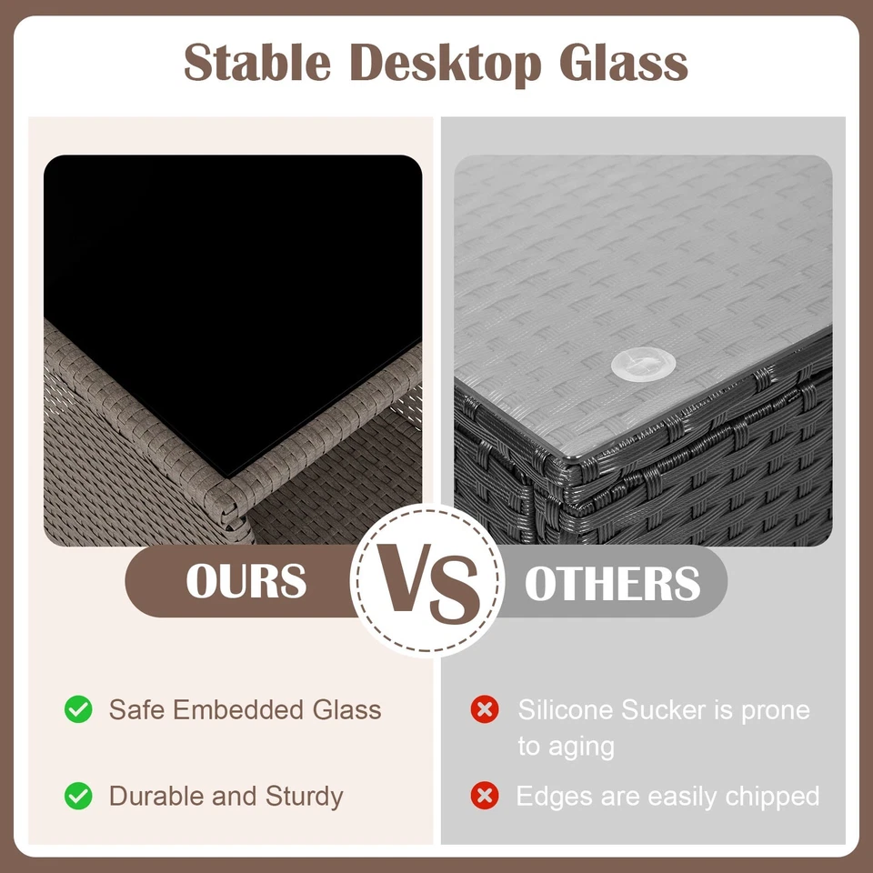 Mesa auxiliar de patio de mimbre para exteriores con tapa de vidrio templado, color sésamo Foto 4 de 4