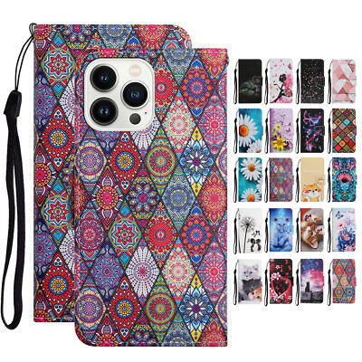 For iPhone 16 Pro Max 15 Plus Folio Patterned Card Slot Wallet Case with Lanyard