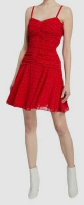 $275 Jill Stuart Women's Red Sleeveless Ruched Flare Eyelet Mini Dress Size 6