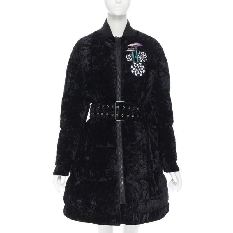 VERSUS VERSACE embroidery black crushed velvet belted puffer VERSUS VERSACE embroidery black crushed velvet belted puffer