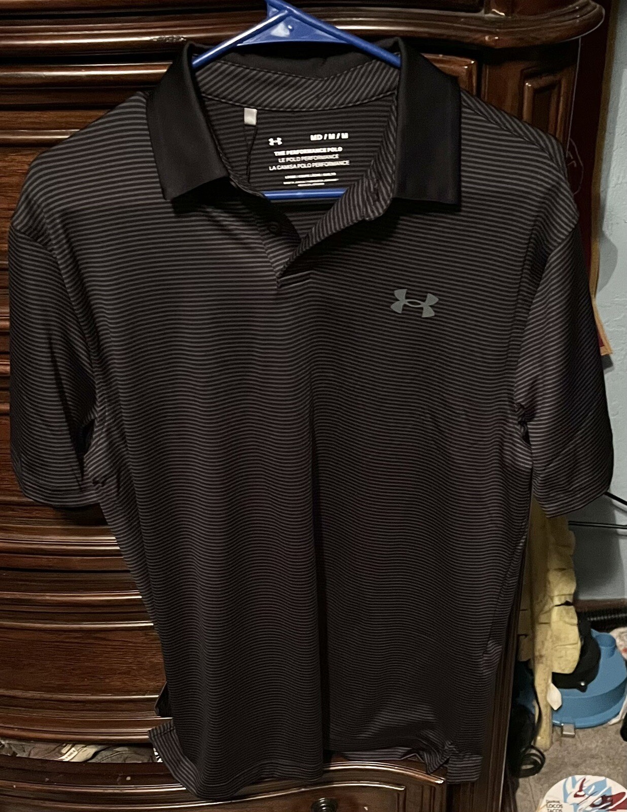 Mens Medium Black Pinstripe Under Armour Golf Short Sleeve Performance