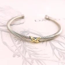 David Yurman 4mm X Cuff Sterling Silver & 18k Yellow Gold Bangle Bracelet Medium