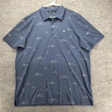 Travis Mathew Polo Shirt Mens 2XL Blue Scenic Boat Print Golf Pima Cotton