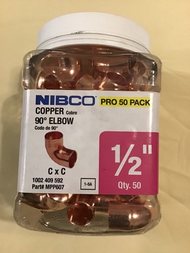 NIBCO Copper 90 Degree Elbow 1/2" C x C Part#MPP607 PRO 50 PACK.