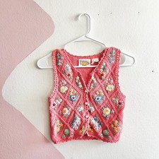 Vintage 90's Floral Pink Sweater Vest Girls 6X Granny Squares Embroidered