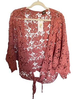 Raj Rust Crochet Tie Front 3/4 Sleeve Lightweight Sheer Viscose Blouse One Size