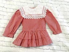 Vtg Bryan Red Stripe Toddler Bib Dress Lace Trim Size 2T Made In USA Cottagecore