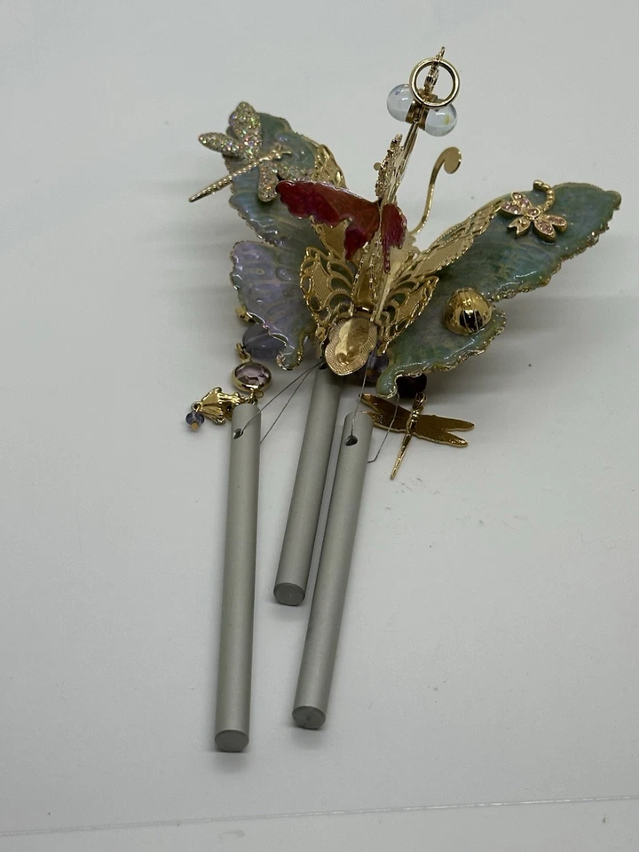 Carillón de viento Kirks Folly Goldtone Castle motivo de otoño cristal esmalte calabazas hadas Foto 3 de 4