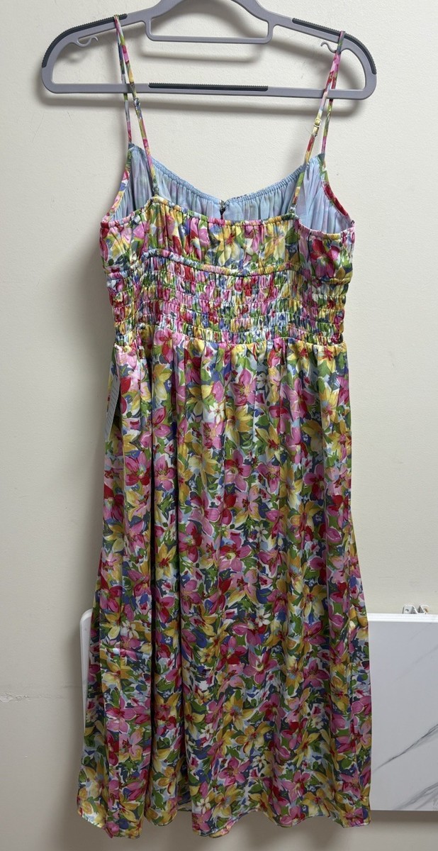 ASTR The Label Blue Multi Floral Smocked Midi Dress Size L Spaghetti Strap View 2
