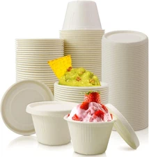 100 Pack 4oz Disposable Paper Cups with Lids, Ice Cream Cups, Natural Bagasse...