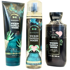 Wicked Vanilla Woods Bath  Body Works 3pc Gift Set Mist Cream Wash Full Size