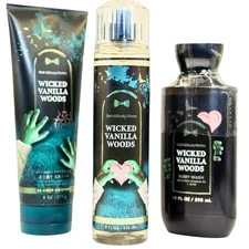 Wicked Vanilla Woods Bath & Body Works 3pc Gift Set Mist Cream Wash Full Size
