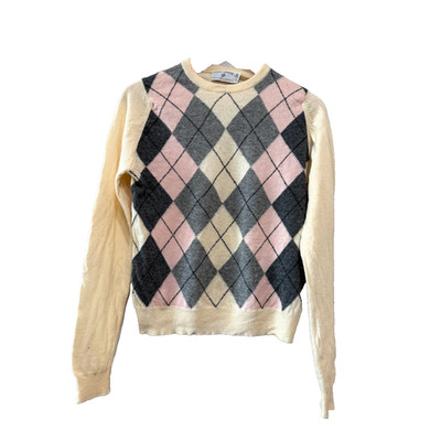 James Pringle Sweater unisex pink cream gray Argyle lux soft Wool Scotland Sz-M