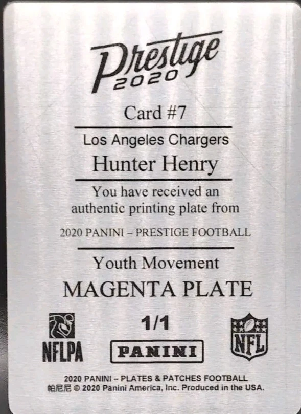 HUNTER HENRY 2020 Panini Prestige Youth Movement PRINTING PLATE SP #1/1 Chargers - Image 2 of 2