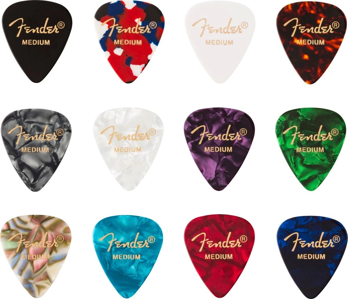 Fender Guitar Picks 351 Shape, Celluloid Color Medley Mix, MEDIUM (12 PACK)