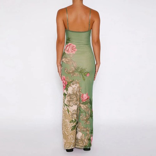 Sleeveless Print Suspender Dress Women Vneck Slim Long Skirt Women Beach Party - Imagen 17 de 26